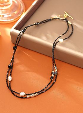 天然淡水珍珠黑色水晶项链高级