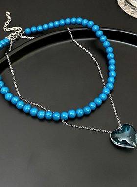 奶油蓝立体水晶爱心串珠项链女