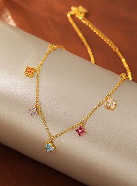 彩色四叶草项链铜镀18复古高级