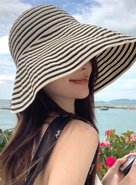 日系可折叠夏季条纹渔夫帽女新款长防晒帽子时尚盆帽大头围太阳帽