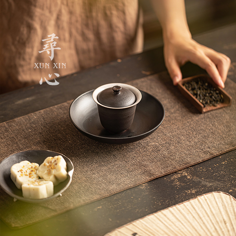 寻心手工粉引二才盖碗陶瓷家用泡茶器防烫小号手抓茶杯泡茶敬茶碗