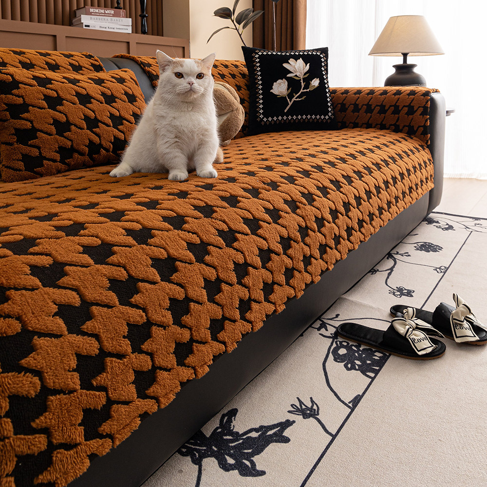 千鸟格舒棉绒沙发垫冬季加厚毛绒坐垫高级轻奢防滑皮沙发套罩盖布,淘宝优惠券,粉丝福利购,淘宝优惠卷