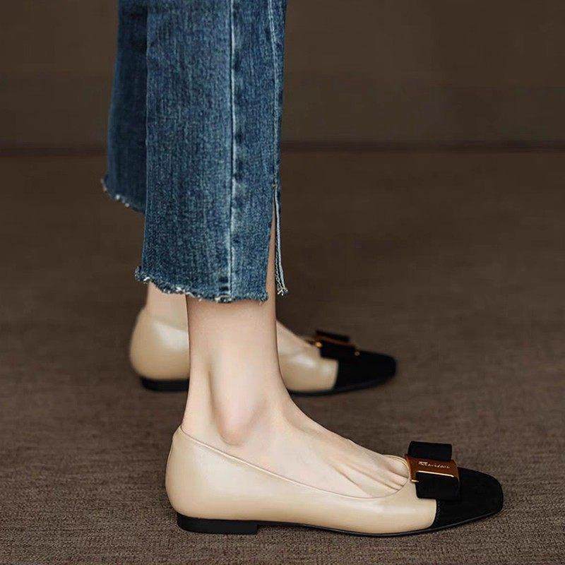 方头拼色真皮平底单鞋女2025年春秋季新款软底浅口蝴蝶结小皮鞋子,淘宝优惠券,粉丝福利购,淘宝优惠卷