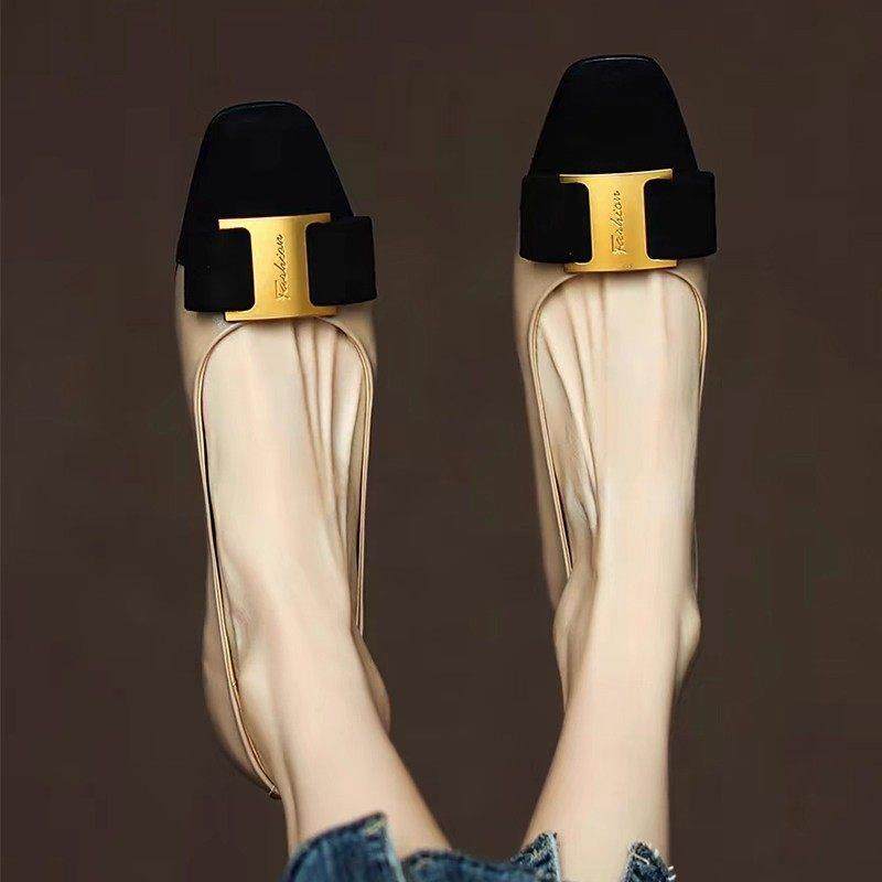 方头拼色真皮平底单鞋女2025年春秋季新款软底浅口蝴蝶结小皮鞋子,淘宝优惠券,粉丝福利购,淘宝优惠卷