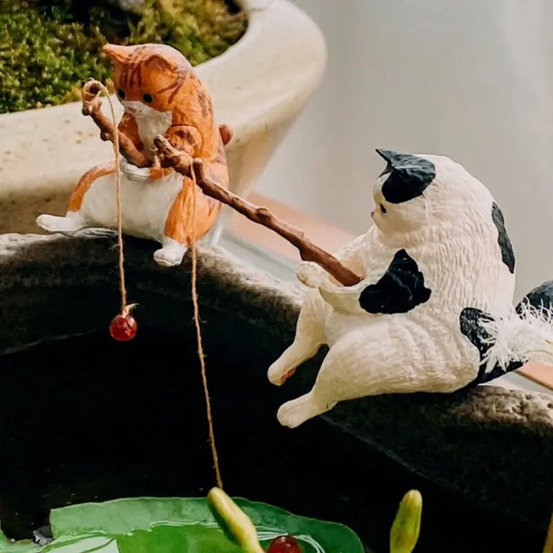 鱼缸钓鱼猫悬挂创意造景摆件桌面适用小猫钓鱼迷你微景观装 饰品