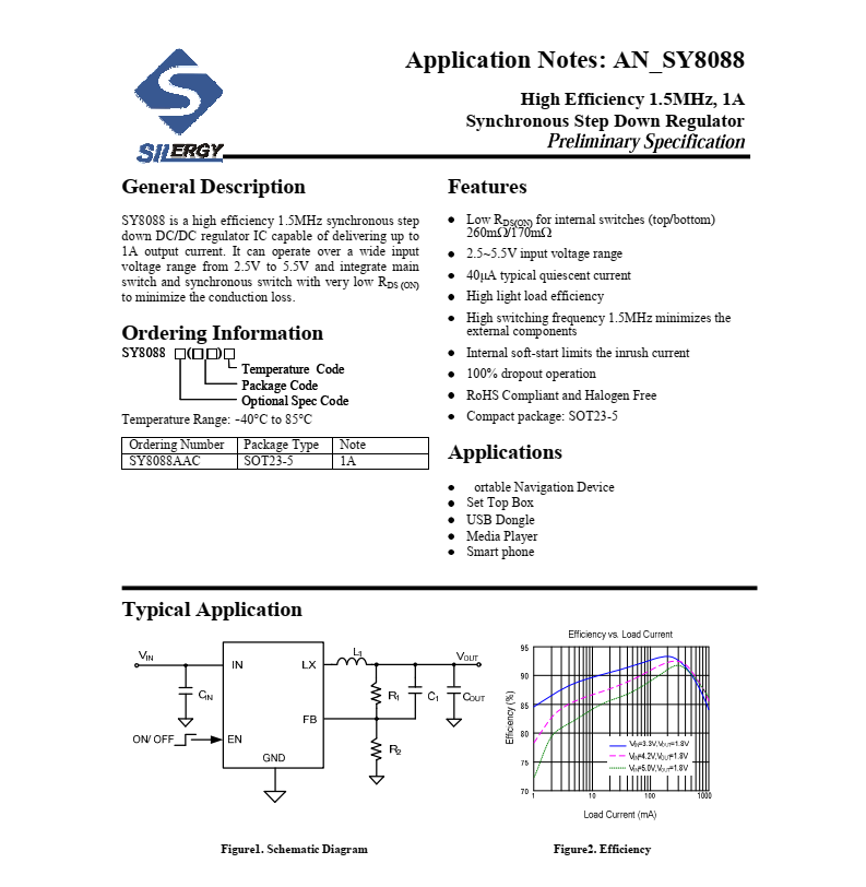 SY8088AAC芯片具有高轻载效率的特点，应用于便携式导航装置-图1