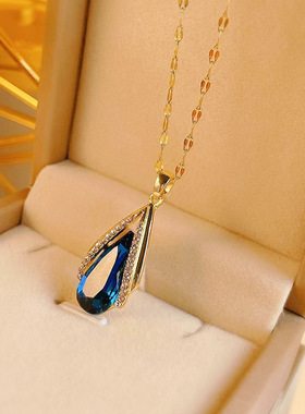 日韩设计感水滴形蓝色水晶项链耳钩配饰时尚气质个性简约套链饰品