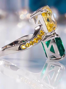 D色莫桑石黄绿双色开口戒指