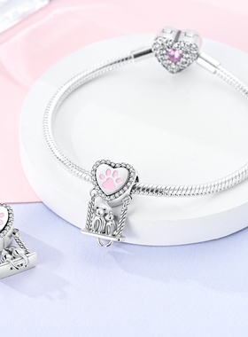 2024潘家风格铜镀S925银珠子原创设计diy串珠粉红小猫抱心串饰