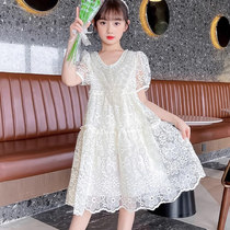 Girls Summer Dress Dress Dress 2023 New Ocean Qi Children White Embroidered Lace Dress Sweet Hollowed-out Princess Dress