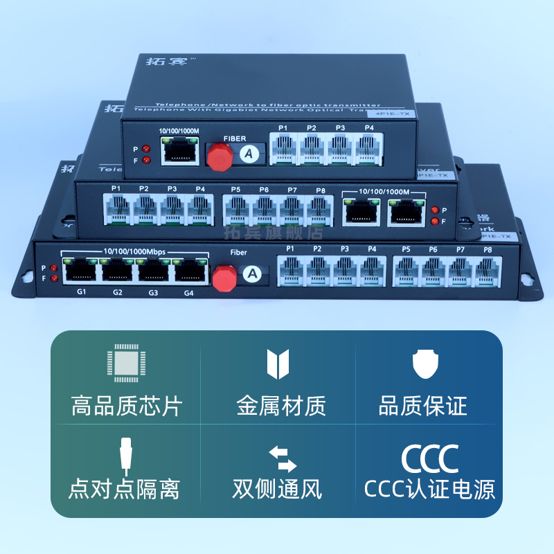 拓宾电话光端机1路2路4路8路16路24路32路48路64路带4路千兆网络模拟数字电话延长器PCM语音电话光端机20KMFC