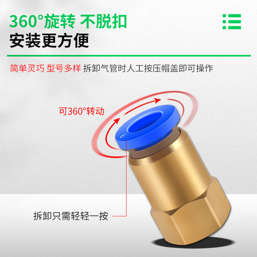 PT铜内螺纹气管快速接头1/2/3/4分快插式直通PU管气动元件PCF8-04 - 图2