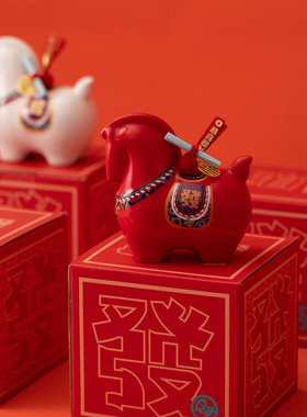 陶瓷马上发财吉祥物摆件送客户公司年会小礼品新年礼物马年伴手礼