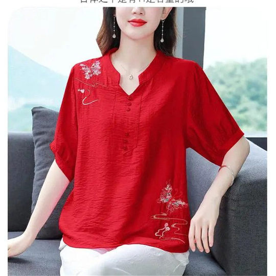 民族风V领刺绣棉麻衬衫女夏新款妈妈装宽松大码200斤亚麻短袖上衣
