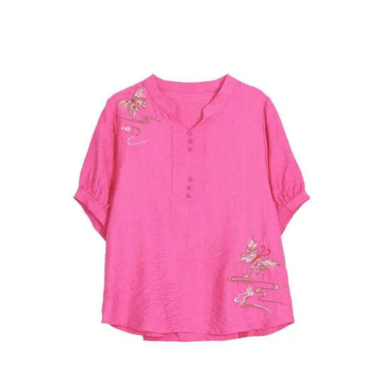 民族风V领刺绣棉麻衬衫女夏新款妈妈装宽松大码200斤亚麻短袖上衣