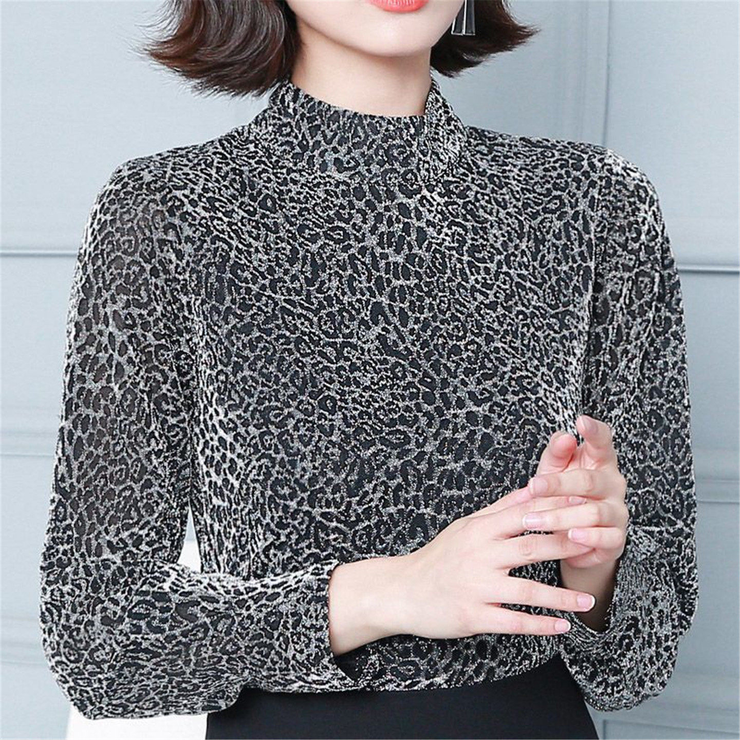 半高领加绒加厚豹纹打底衫女士秋冬款洋气时尚妈妈装长袖上衣t恤,淘宝优惠券,粉丝福利购,淘宝优惠卷