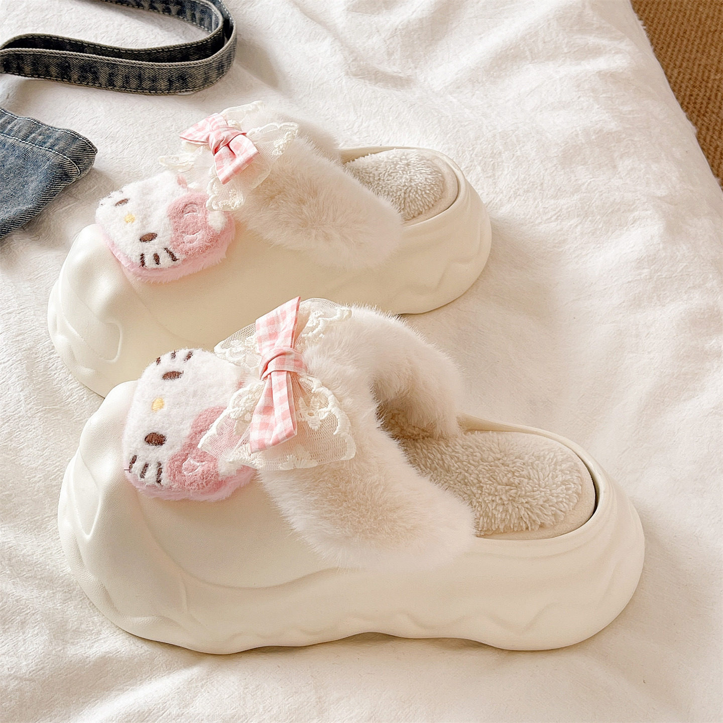 厚底增高防滑毛毛拖鞋女冬季可爱猫咪外穿包头加绒保暖室内棉拖鞋,淘宝优惠券,粉丝福利购,淘宝优惠卷