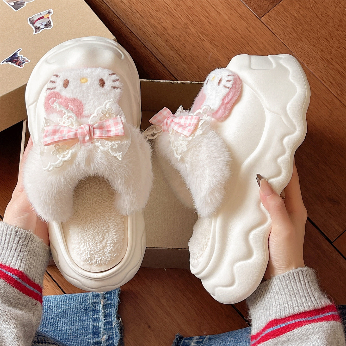 厚底增高防滑毛毛拖鞋女冬季可爱猫咪外穿包头加绒保暖室内棉拖鞋,淘宝优惠券,粉丝福利购,淘宝优惠卷