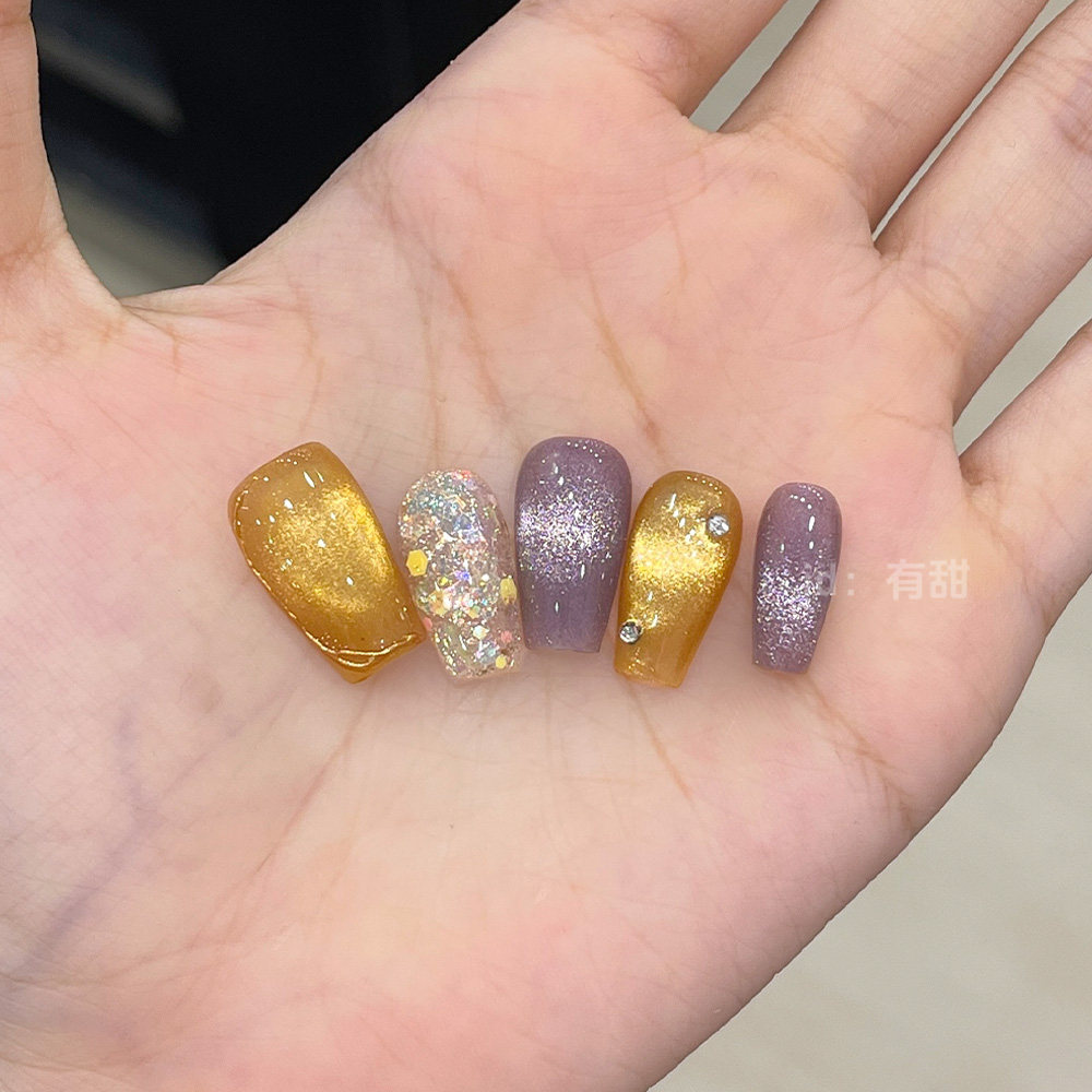 金色猫眼穿戴甲短款纯手工绝美指甲贴片2025新款高级感穿戴款美甲,淘宝优惠券,粉丝福利购,淘宝优惠卷