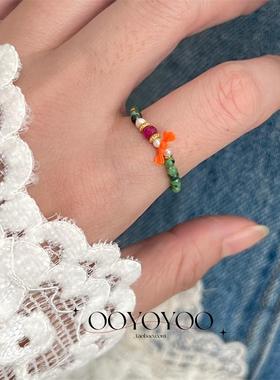 925银元宝南红红绿石串珠戒指女