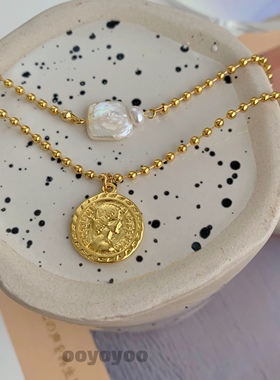 日韩新品双层圆珠链条女金币方形