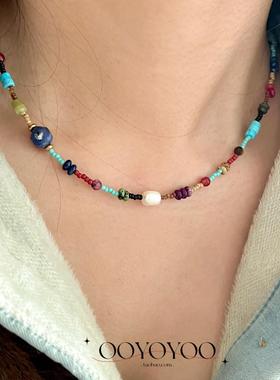 民族风天然石串珠项链女淡水珍珠高级感轻奢小众锁骨链毛衣链叠戴