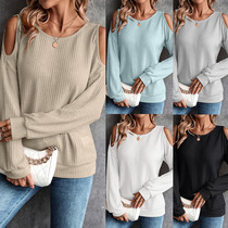 2023 European and American cross-border Amazon wishTrade foreign trade autumn and winter new open-shoulder button loose long sleeve female-style knitwear