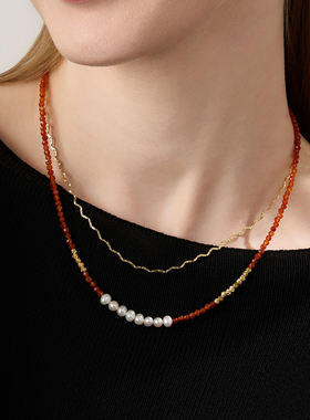 LA DECORATION微笑淡水珍珠红玛瑙项链时尚原创设计气质轻奢红色