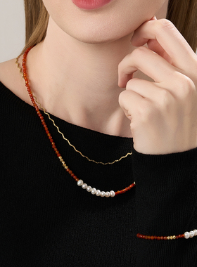 LA DECORATION微笑淡水珍珠红玛瑙串珠手链气质红色百搭款设计感