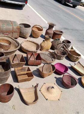 新款老物件竹编篮子木筐提筐木桶斗笠簸箕怀旧复古传统工艺品摆件