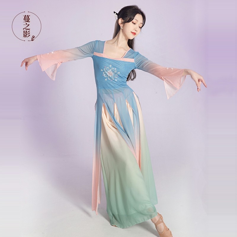 古典舞练功服身韵纱衣仙气渐变烫钻艺考服装中国舞表演服旗袍女_虎窝淘