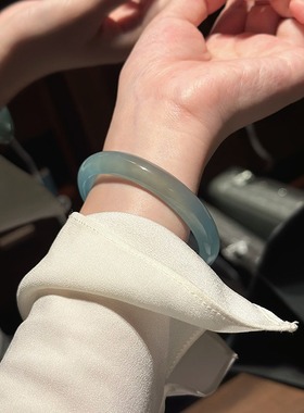 天然冰种玉髓新中式天然高冰透库里蓝玛瑙手镯显镯女款玉镯送女友