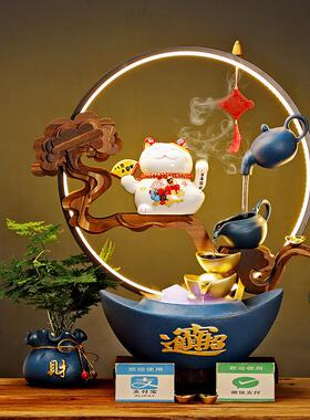 创意悬壶流水喷泉摇手招财猫摆件办公室吧台桌面装饰乔迁开业礼品