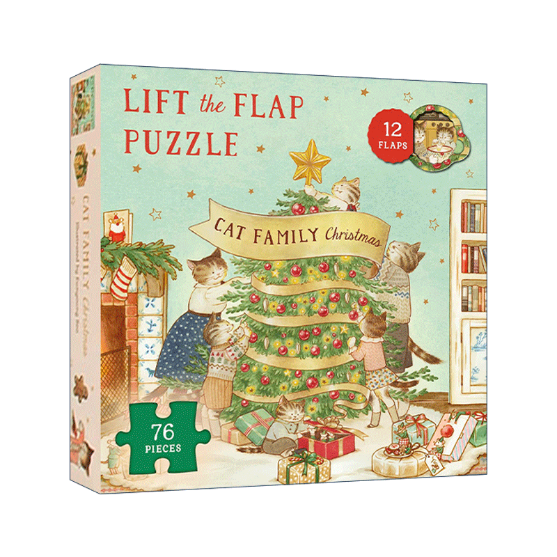 英文原版 Cat Family Christmas Lift-the-Flap Puzzle 猫猫家族拼图76片 12个翻翻页 盒装礼品游戏套装 英文版 进口英语原版