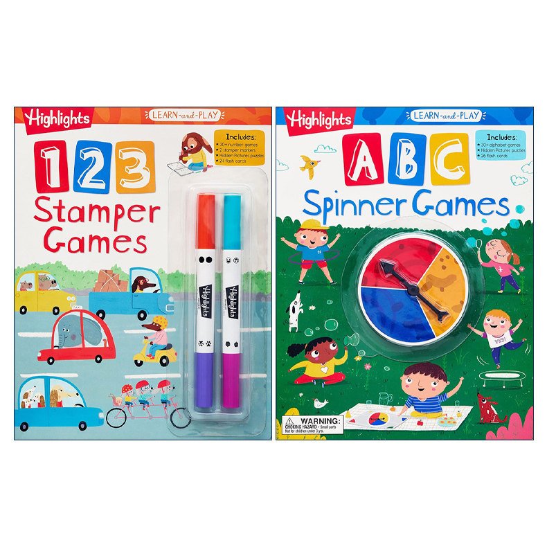 英文原版 Highlights Learn-and-Play 亮点边玩边学系列2册 123印章游戏/ABC旋转游戏 学龄前儿童字母学习活动书 含抽认卡 进口书