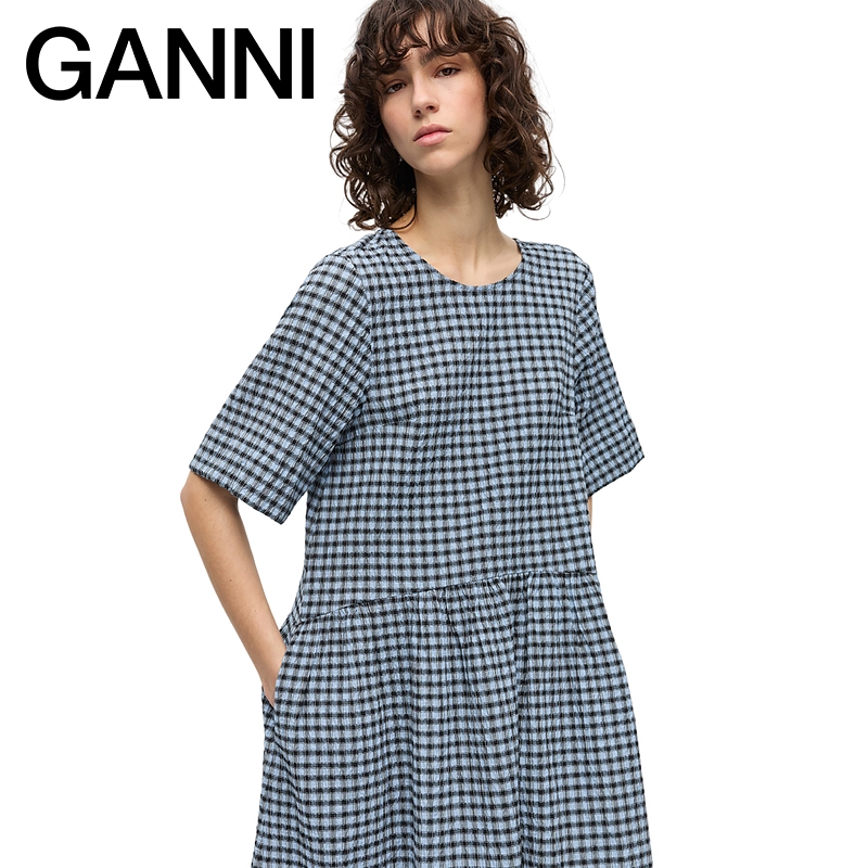 【甄选折扣】ganni女装 蓝色复古格纹泡泡纱连衣裙长裙 W0696326 - 图1
