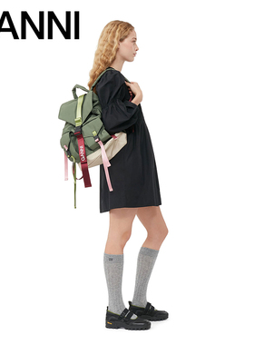 GANNI女士 橄榄绿logo款多口袋休闲双肩包旅行包背包 A5204861