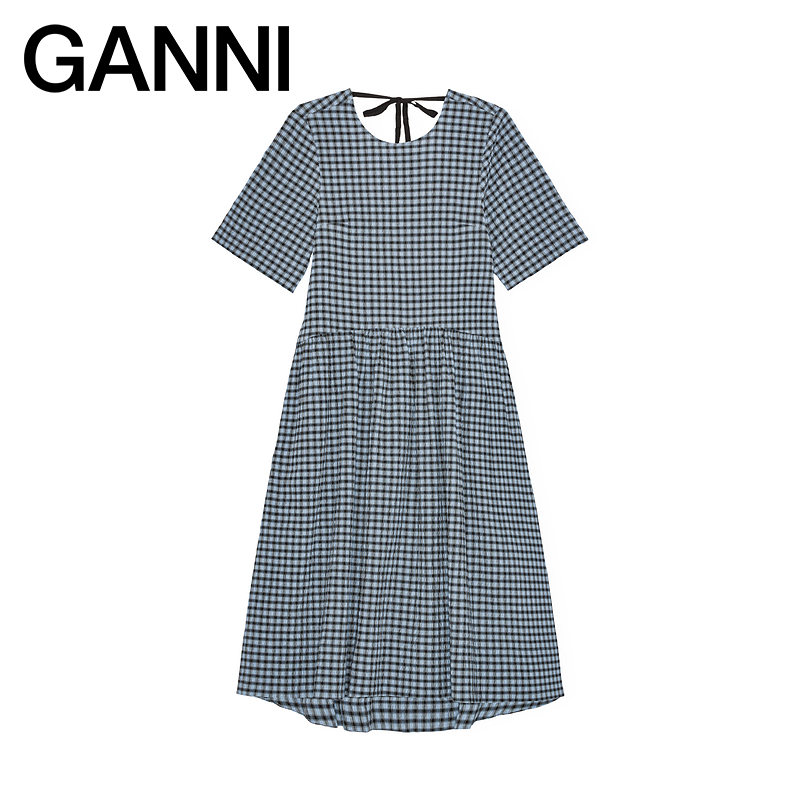 【甄选折扣】ganni女装 蓝色复古格纹泡泡纱连衣裙长裙 W0696326 - 图3