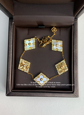 轻奢复古宫廷风双面拉丝镭射镶钻五花手链四叶草贝母虎眼石手饰