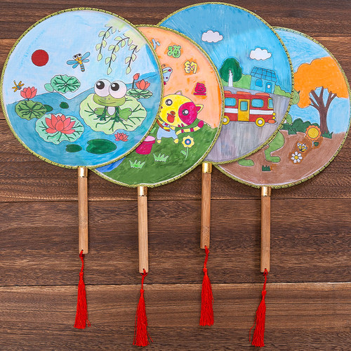 涂鸦团扇diy材料包宫扇儿童diy涂色画扇子绘画扇幼儿园空白扇子 - 图0