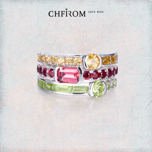 S925纯银天然宝石戒指黄水晶石榴石橄榄石三层一体式叠戴设计指环 - 图3