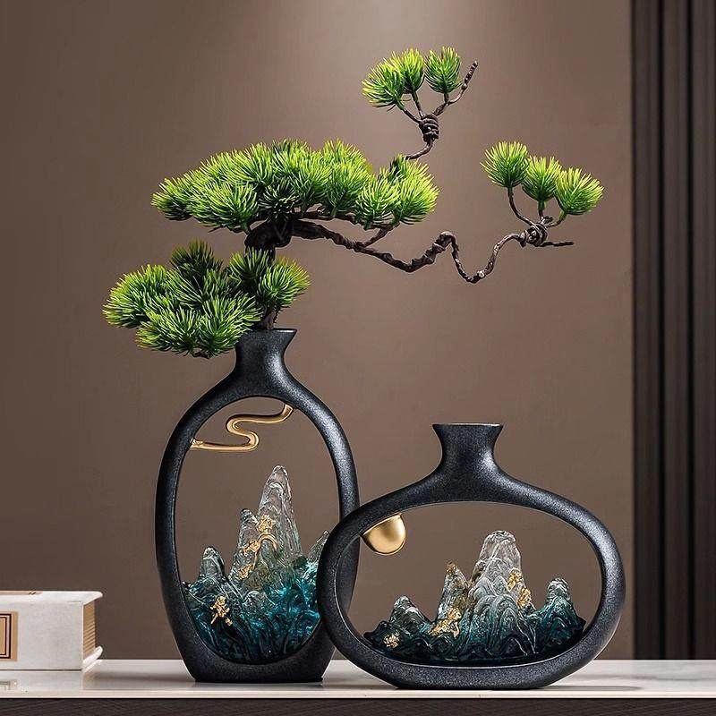 新中式古风假山花瓶摆件客厅玄关电视柜迎客松装饰办公室乔迁礼物,淘宝优惠券,粉丝福利购,淘宝优惠卷