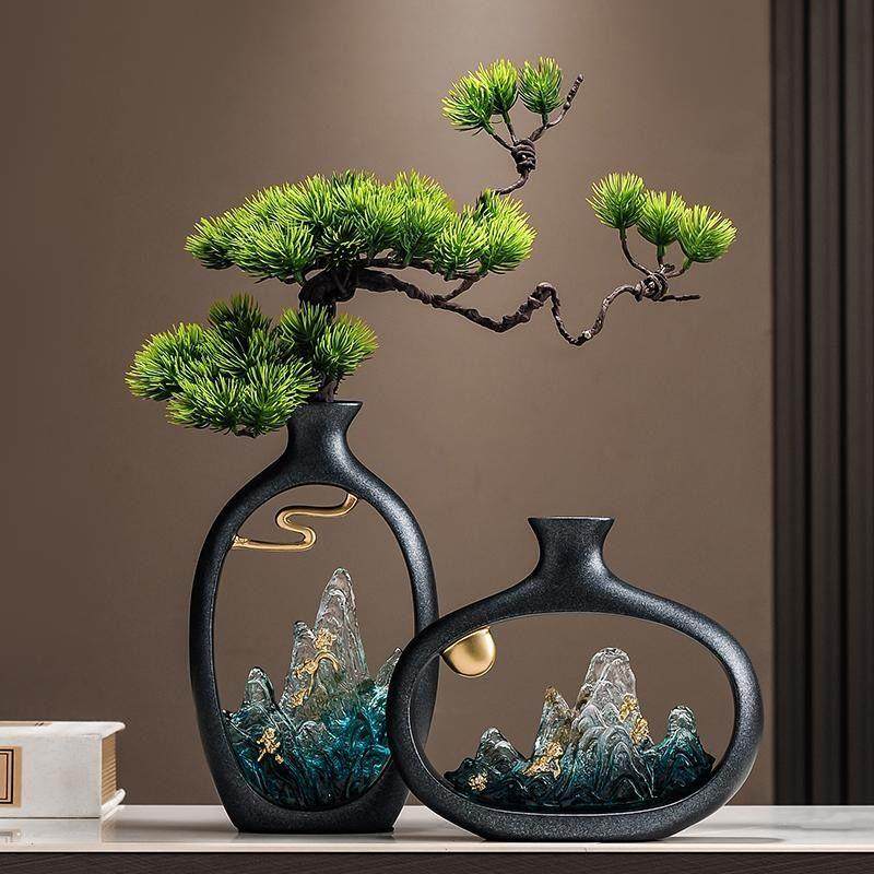 新中式古风假山花瓶摆件客厅玄关电视柜迎客松装饰办公室乔迁礼物,淘宝优惠券,粉丝福利购,淘宝优惠卷