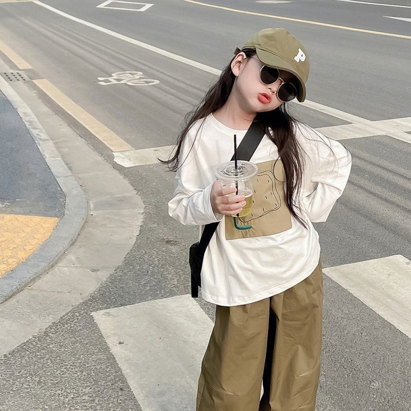 女童圆领长袖T恤白色2025春装新款儿童韩版洋气纯棉打底衫上衣潮,淘宝优惠券,粉丝福利购,淘宝优惠卷