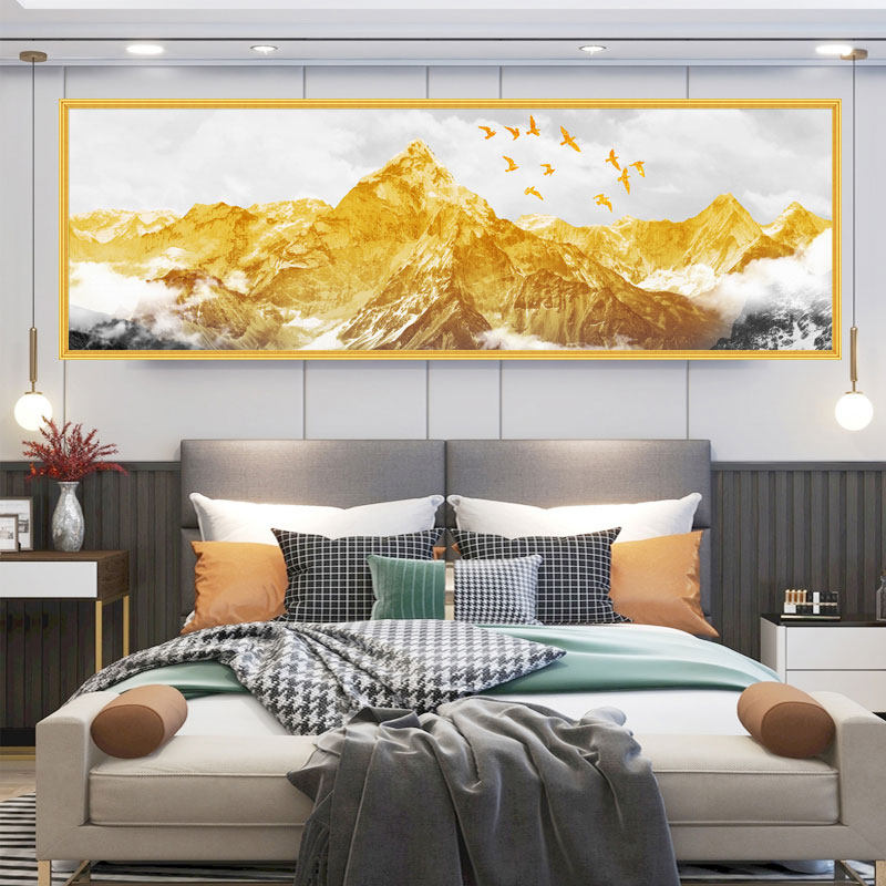 背靠金山床头画卧室挂画客厅装饰画沙发墙画现代轻奢山水自粘贴画
