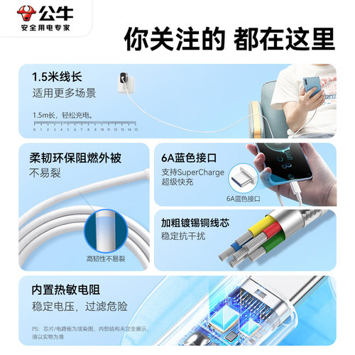 公牛2米长苹果充电器线typec快充手机数据线安卓USB适用vivo华为oppo小米荣耀三星iphone15平板笔记本switch - 图3