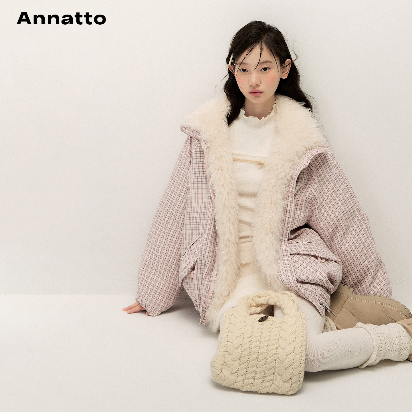 ANNATTO 莓果绒冬 冬季宽松慵懒少女风粉色毛领格子短款棉服外套 - 图3