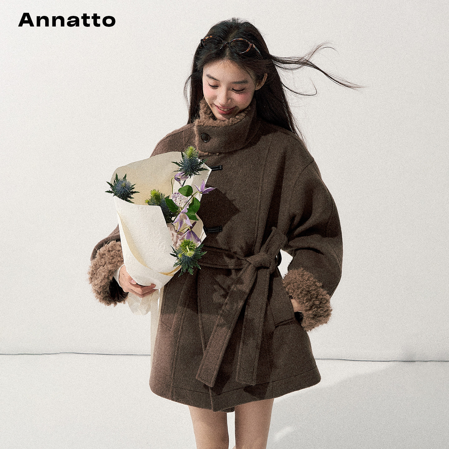 ANNATTO 风起时 冬季含羊毛棕色收腰呢子中长款大衣毛毛外套女,淘宝优惠券,粉丝福利购,淘宝优惠卷
