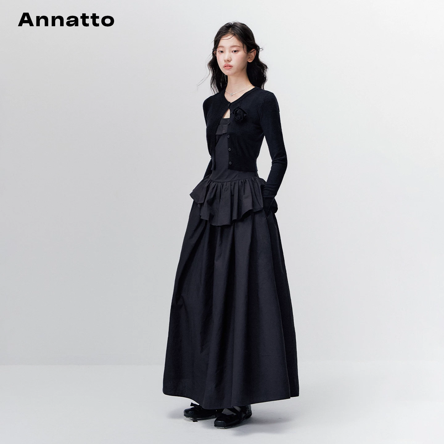 ANNATTO Ретро черный облегающий свитер с длинными рукавами, кардиган, платье весеннее, длинная юбка