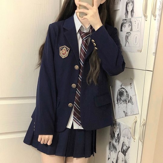 原创jk制服黑色西装外套女大学生学院风校供感绀色三粒扣西服上衣